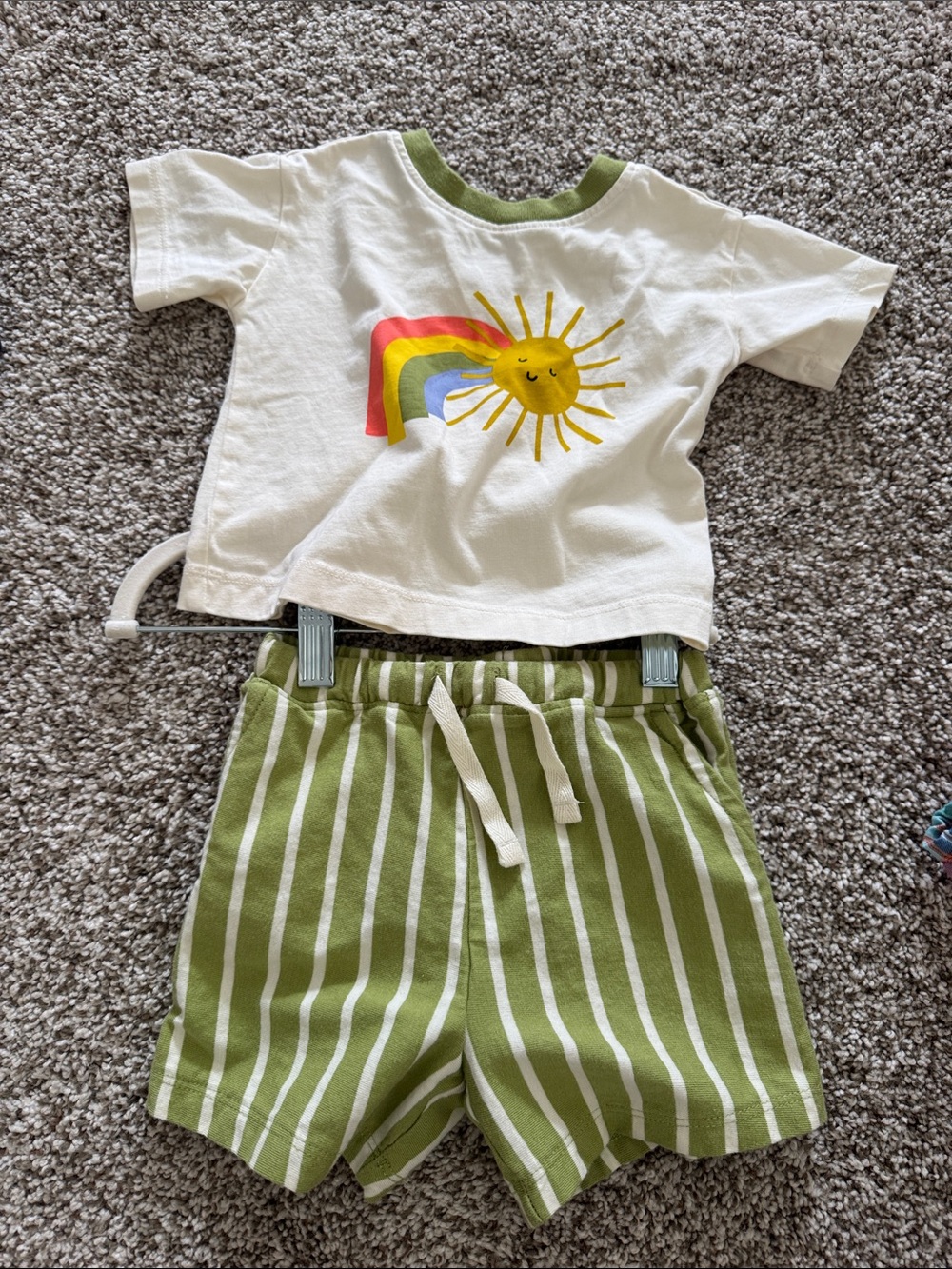 Hanna Andersson White Tee & Olive Green Stripe Shorts Kids Matching Set